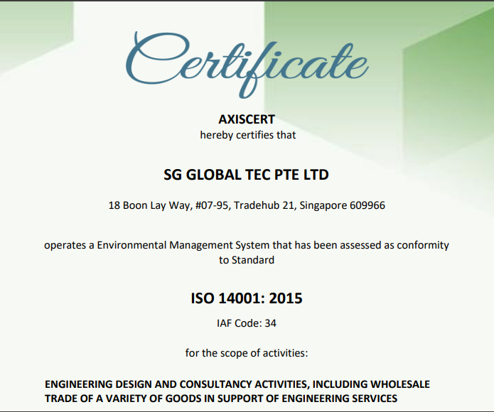 ISO 14001:2015 certificate issued to SG Global Tec Pte Ltd by AXISCERT