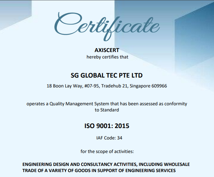ISO 9001:2015 certificate issued to SG Global Tec Pte Ltd by AXISCERT